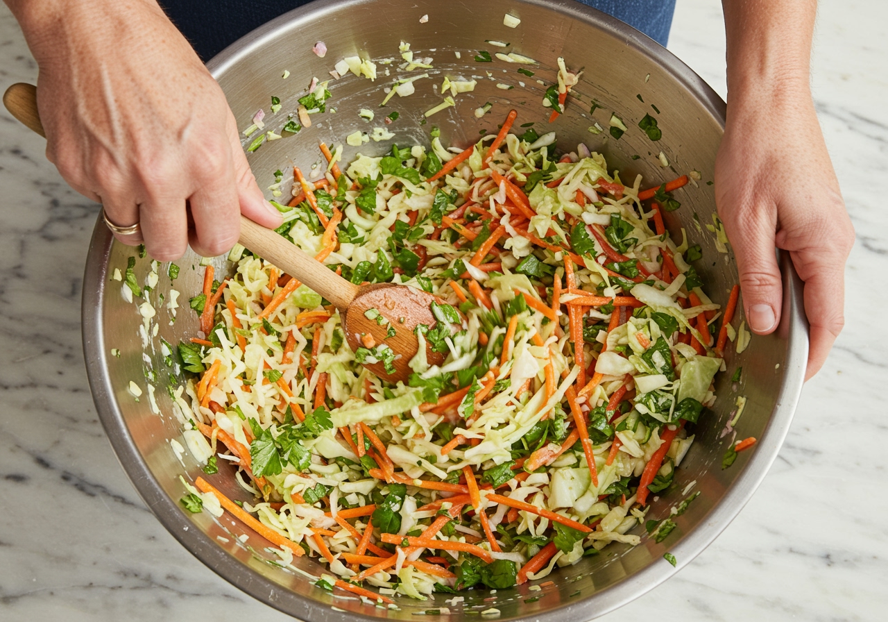 Hands mixing a large bowl of Healthy Cindy's Coleslaw with a wooden spoon, emphasizing the volume of fresh vegetables.