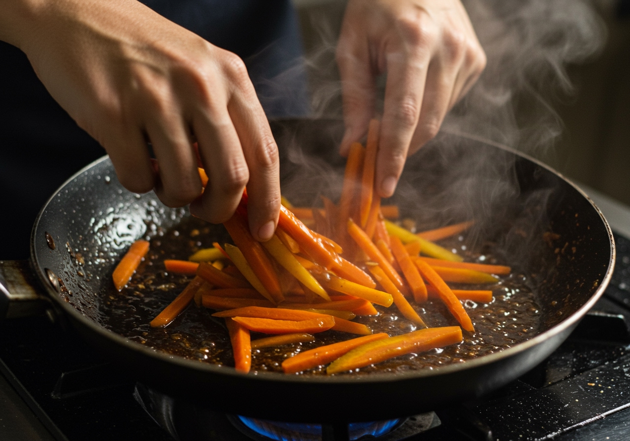Hands mixing colorful sliced carrots in a frying pan with a glossy tamarind sauce, steam gently rising, showing the cooking process.