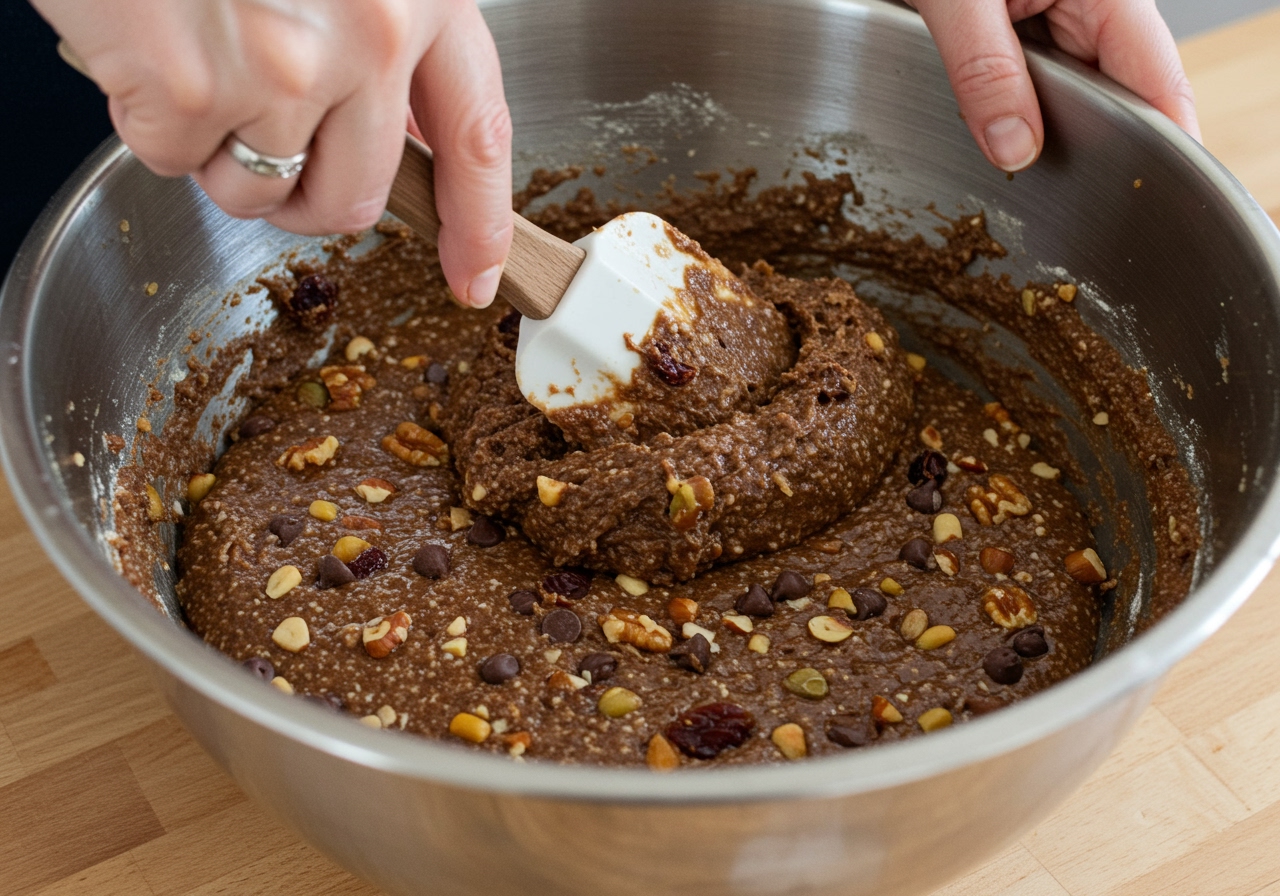 Hands mixing gluten-free cookie bar batter in a large bowl with a spatula, showing the rich texture of the batter.