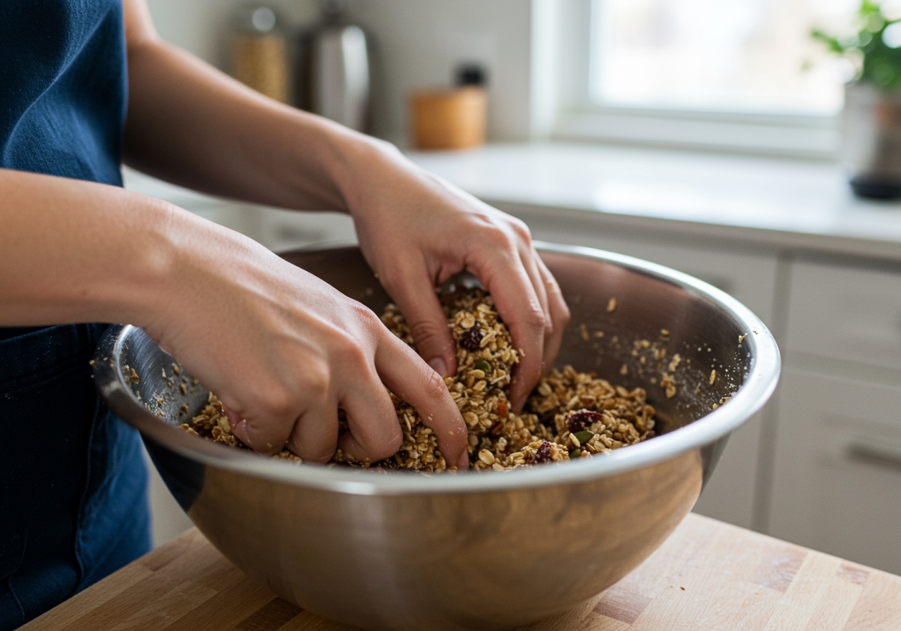 Hands mixing ingredients in a large bowl, showing the process of making cereal bars.