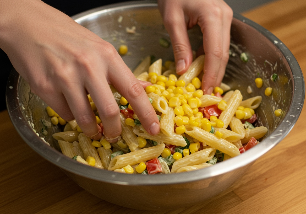 Hands mixing the cooked pasta, corn, and other chopped ingredients with the creamy dressing in a large mixing bowl.