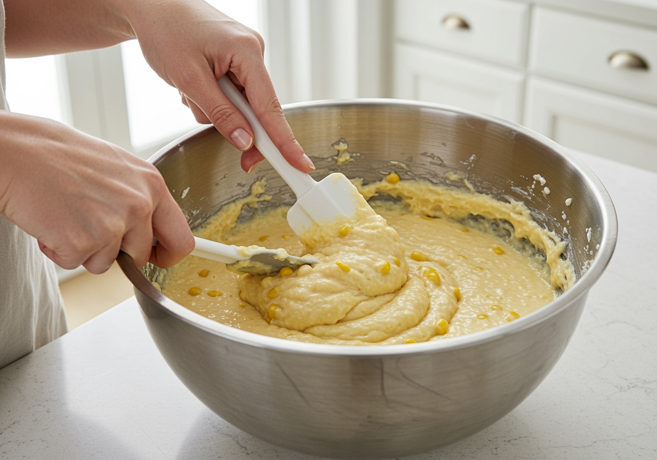 Hands mixing the corn pudding batter in a large mixing bowl with a spatula, showing the creamy texture and corn kernels. The setting is a clean, bright kitchen.