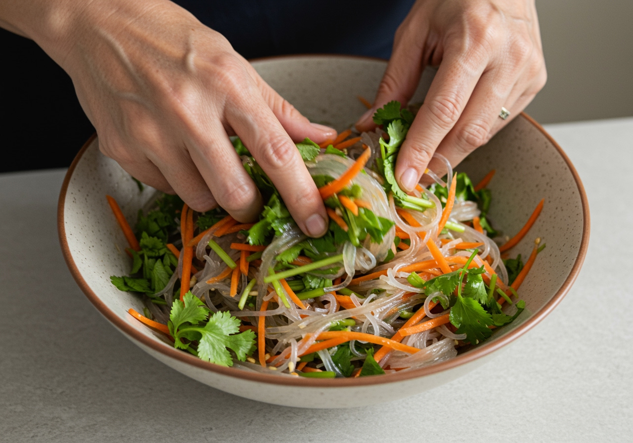 Hands mixing Yam Woon Sen ingredients in a large bowl with dressing, showing the process of making the salad.