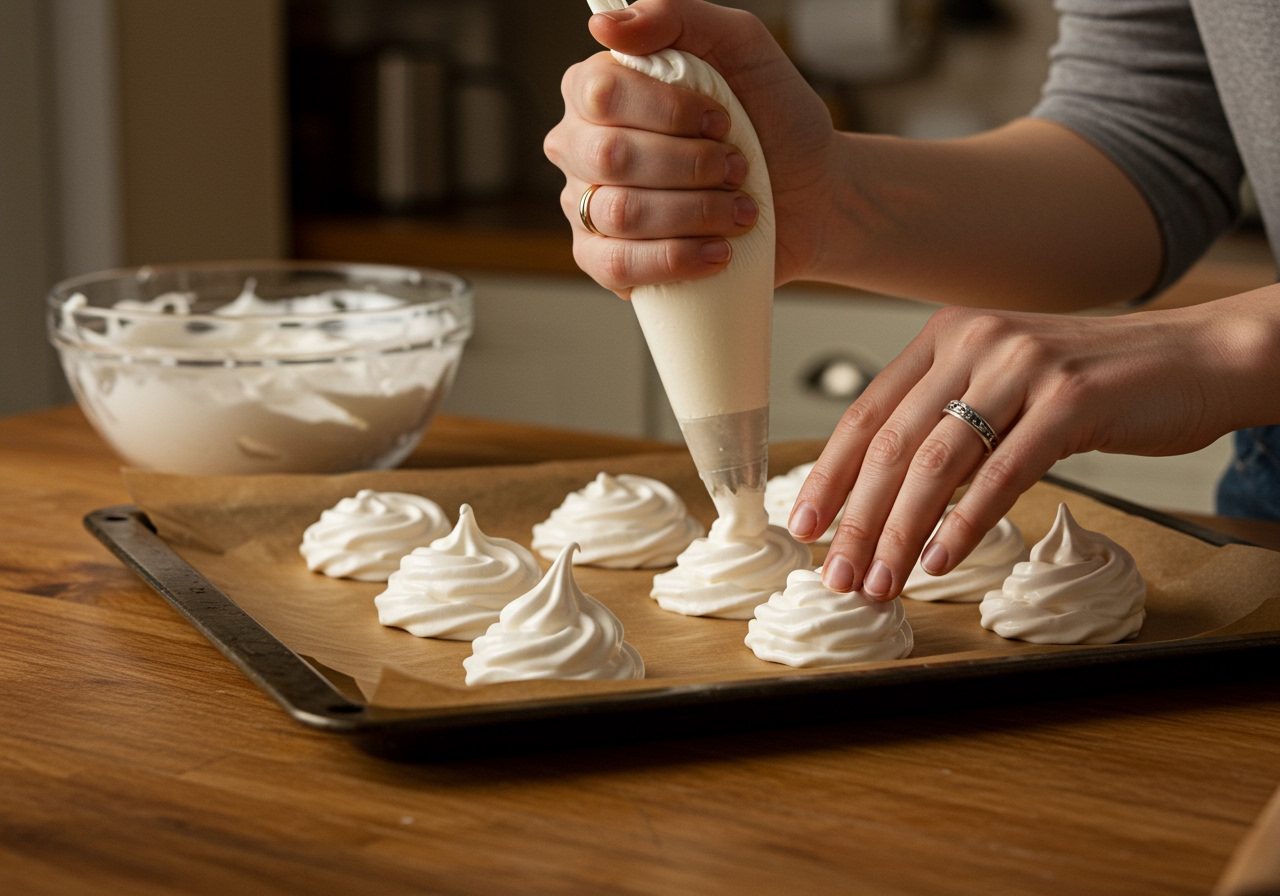 Hands piping meringue cookies onto a baking sheet lined with parchment paper.