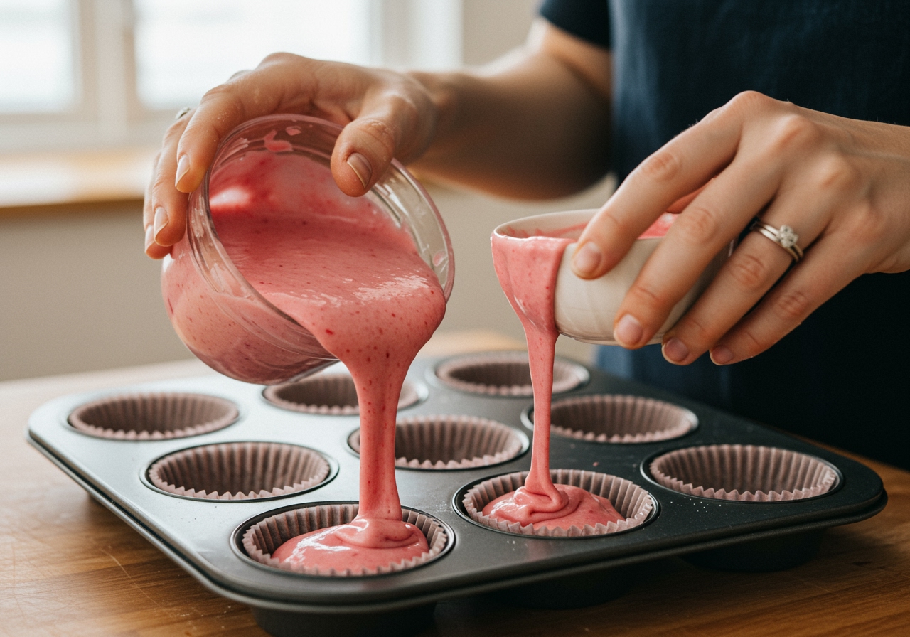 Hands pouring healthy cupcake batter into muffin liners in a baking tin.
