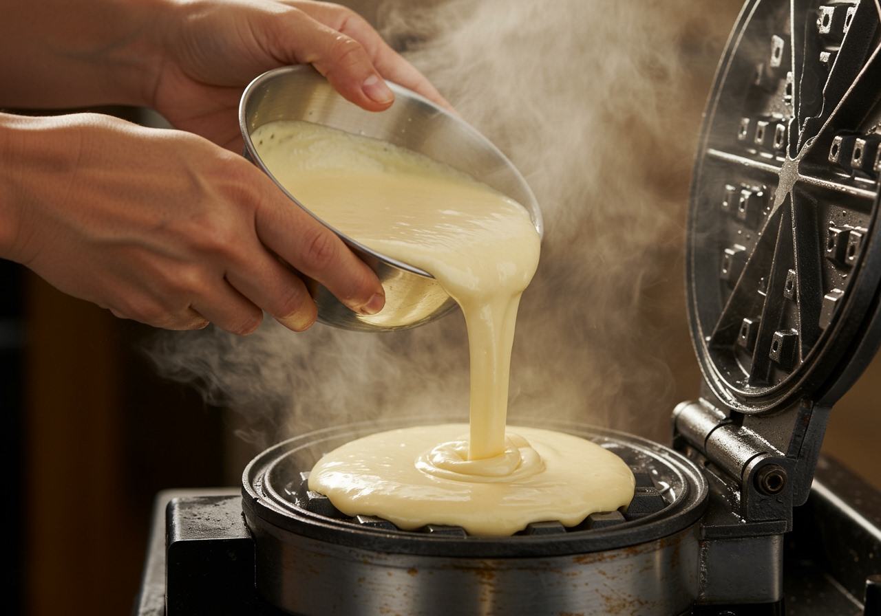 Hands pouring yeast waffle batter onto a preheated waffle iron, with steam rising. The batter is light and fluffy.