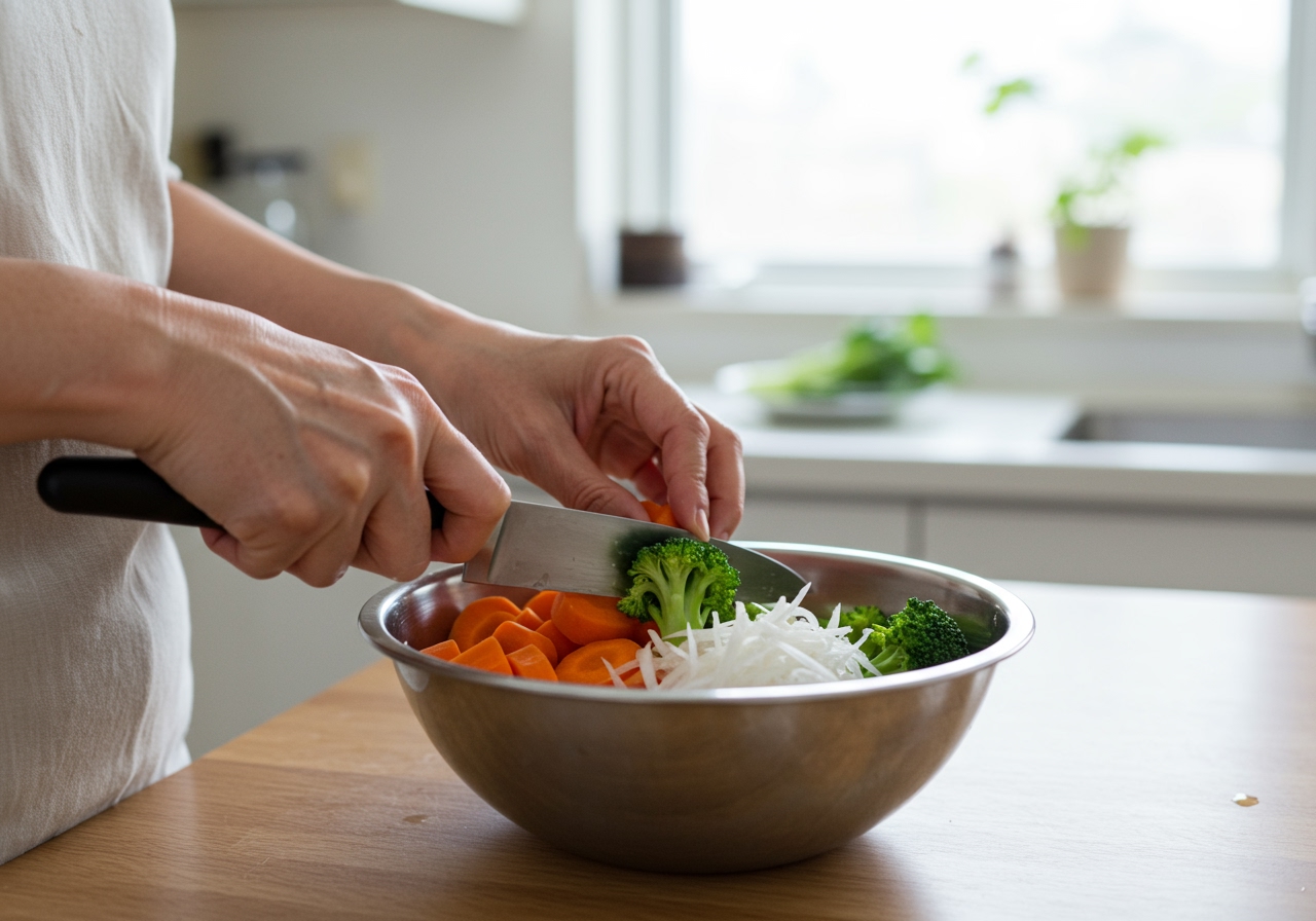 Hands preparing a simple Japanese vegetable dish in a kitchen, showing fresh ingredients.