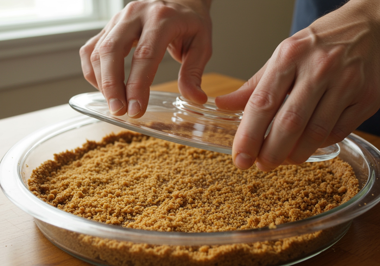 Hands pressing cookie crumbs into the base and sides of a pie pan using a glass.