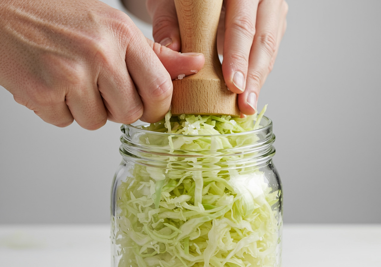 Hands pressing shredded cabbage and salt into a glass jar with a wooden tamper, showing brine rising.