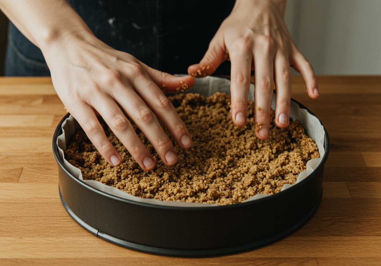 Hands pressing the crumble base mixture into a round cake pan lined with parchment paper.