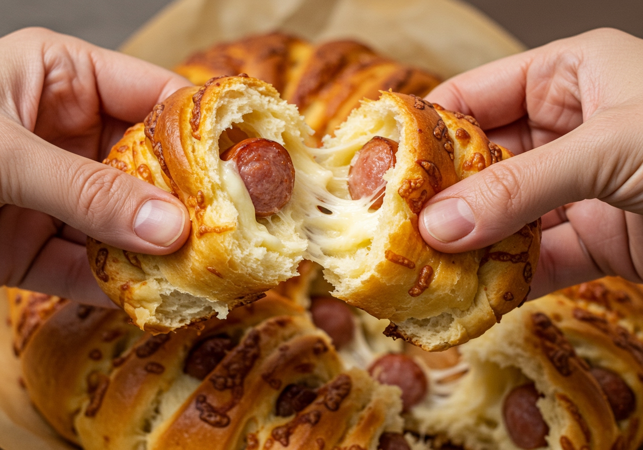 Hands pulling apart a piece of the sausage bread from the main loaf, showing the cheesy, sausage-filled interior.