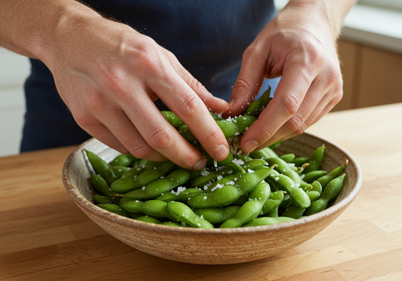 Hands rubbing edamame pods with salt in a bowl during the preparation stage.