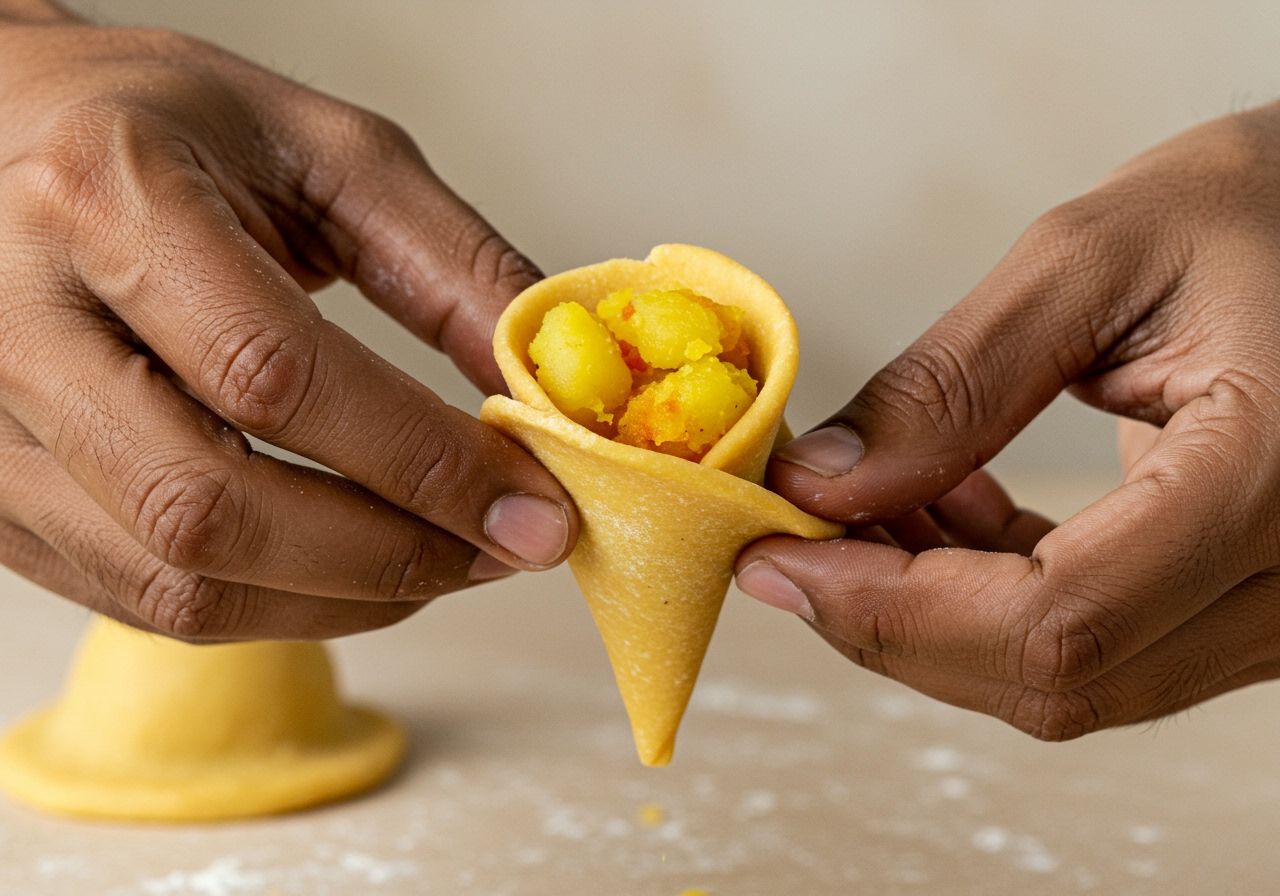 Hands shaping a samosa cone from dough and filling it with the potato mixture.