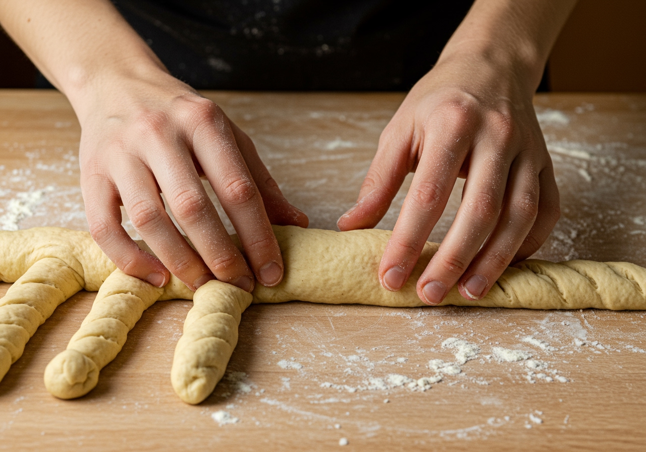Hands shaping bread dough into thin, long breadsticks on a lightly floured surface.