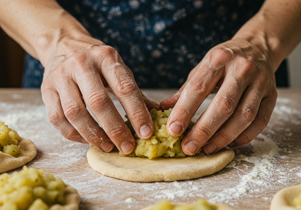 Hands shaping knish dough filled with potato into a round disk on a floured surface.