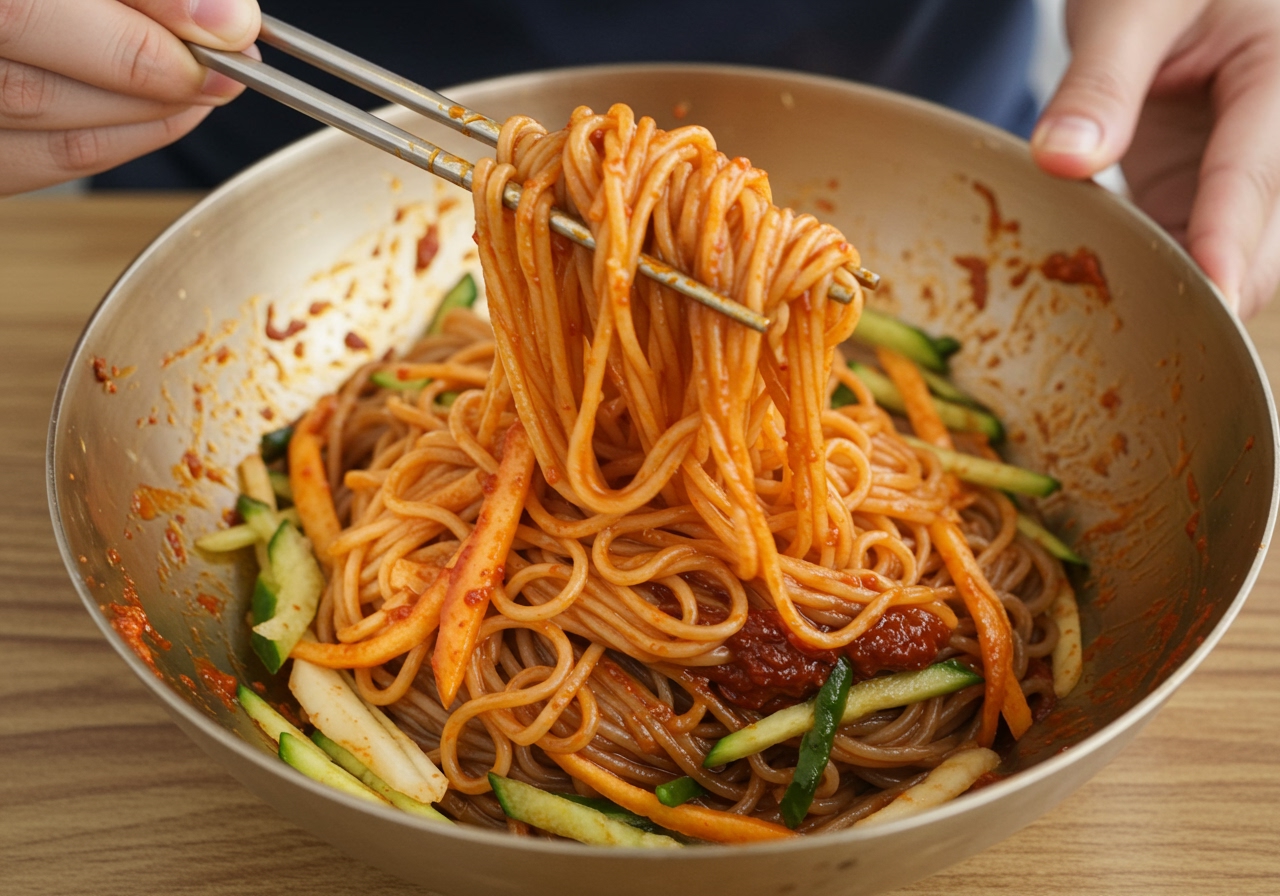 Hands using chopsticks to vigorously mix the noodles, sauce, and toppings in a bowl of Bibim Naengmyeon. The noodles are transforming from white to red as they get coated in the bibim-jang.