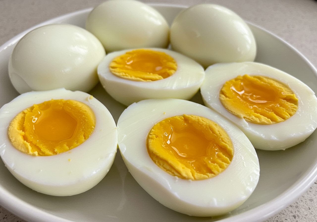 Hard-boiled eggs cut in half, with the yolks carefully removed into a separate bowl.