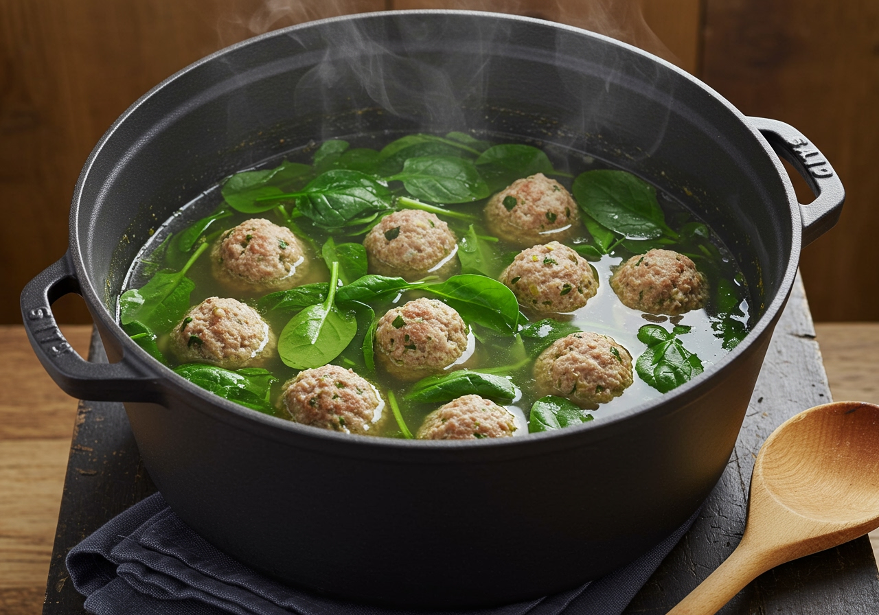 Healthy Albondigas soup simmering with spinach in the pot, ready to serve
