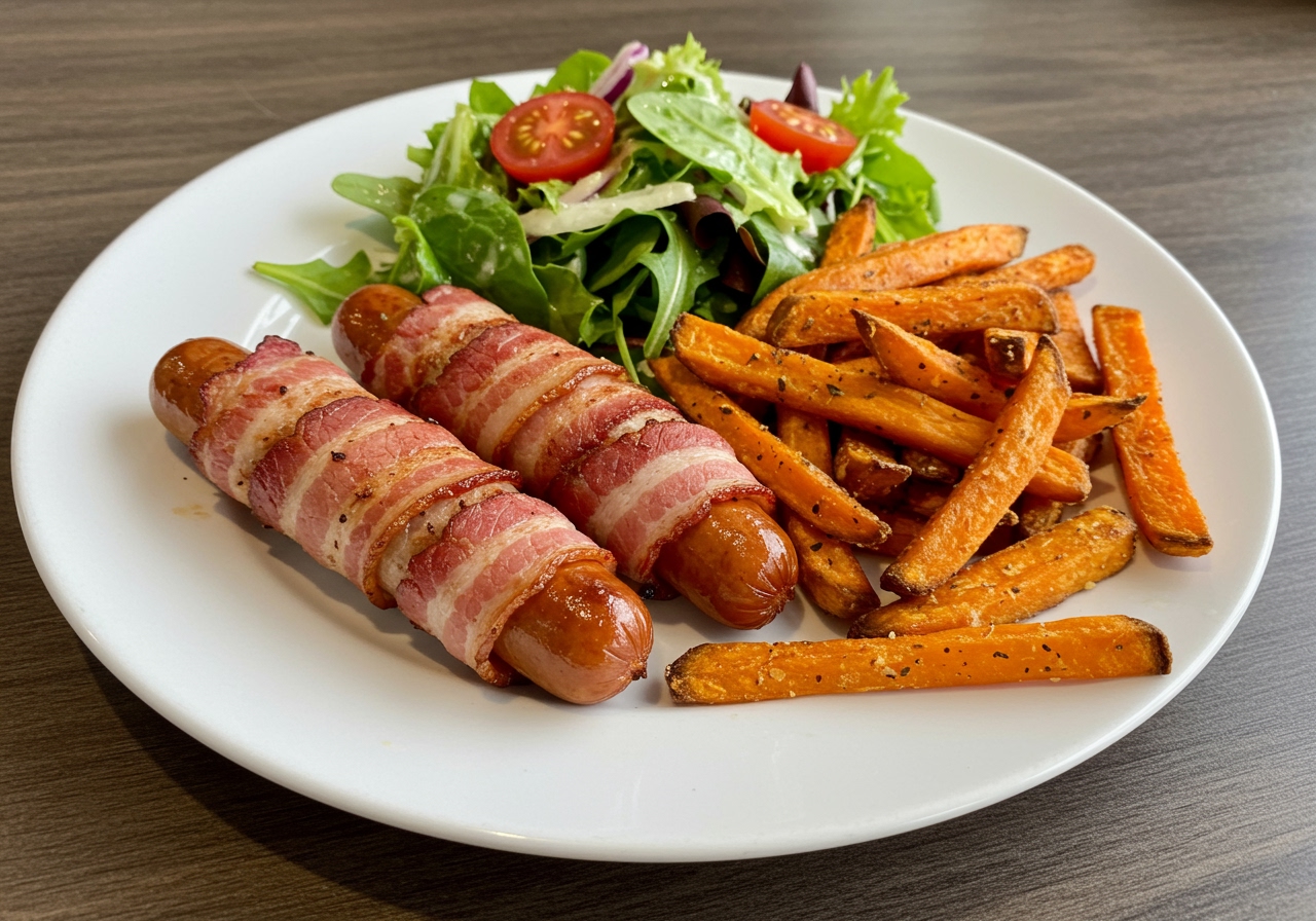 Healthy bacon-wrapped hot dogs served with a side salad and sweet potato fries, showcasing a balanced meal.