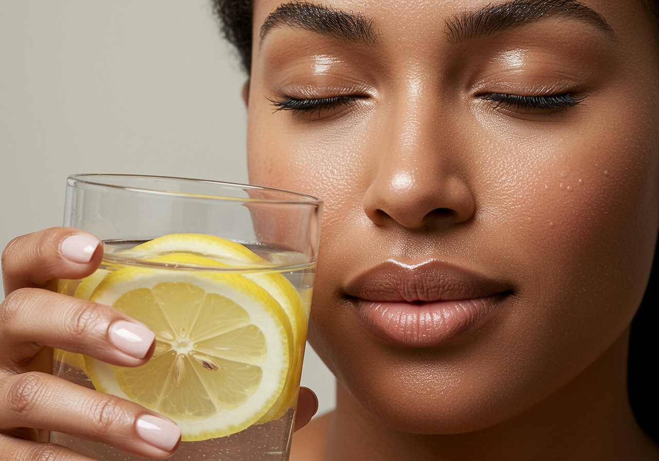 Healthy glowing skin and a glass of lemon water