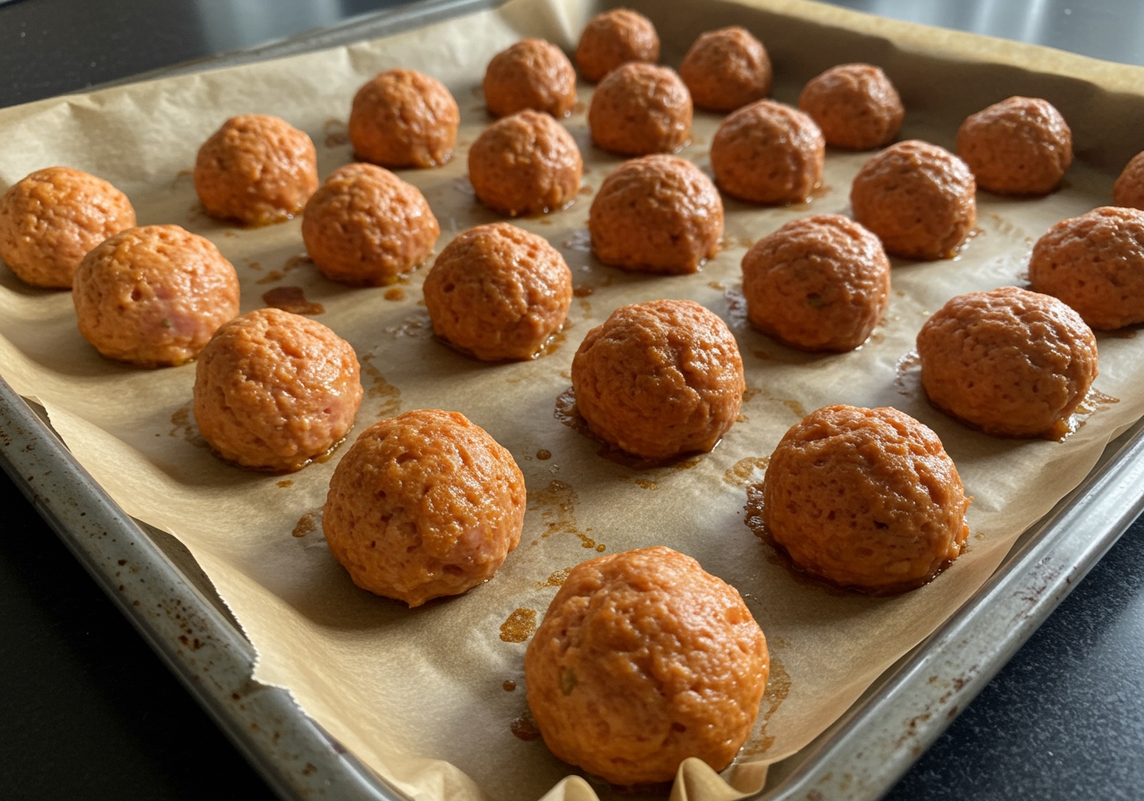 Healthy ham balls arranged neatly on a baking sheet lined with parchment paper, ready to be baked.