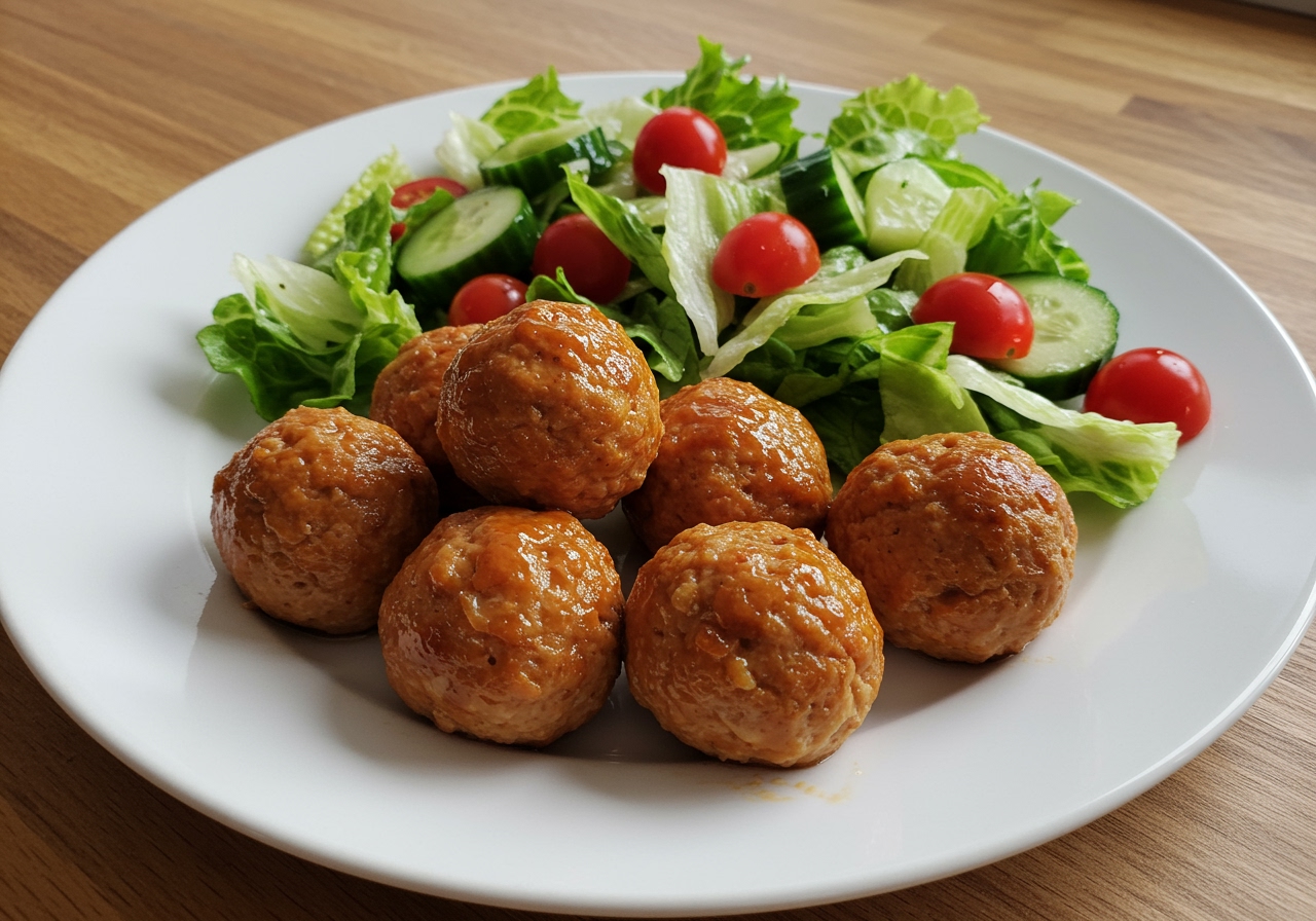 Healthy ham balls served on a plate with a side of fresh green salad and a light dressing, illustrating a balanced meal.