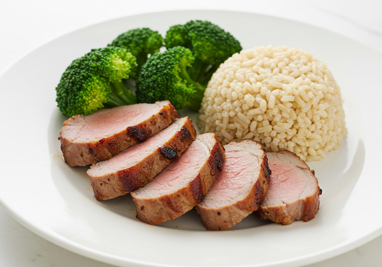 Healthy meal plate featuring sliced pork tenderloin, brown rice, and steamed broccoli.