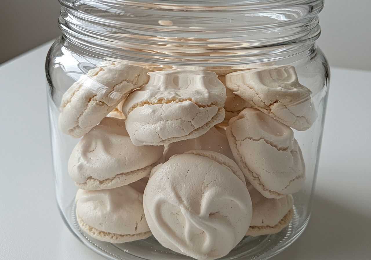 Healthy meringue cookies stored in a clear airtight jar.