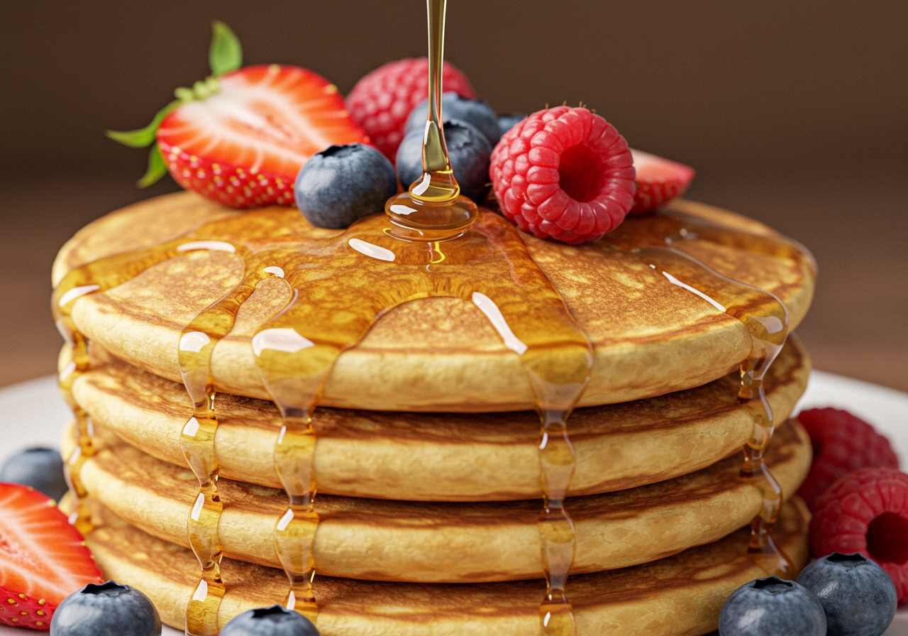 Healthy vanilla syrup drizzled over a stack of fluffy pancakes with fresh berries.