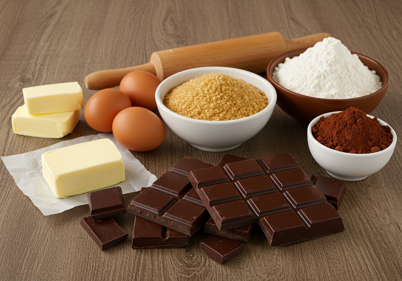 High-quality dark chocolate bars and baking ingredients (butter, eggs, flour, sugar, cocoa powder) beautifully laid out on a rustic wooden table, ready for baking.