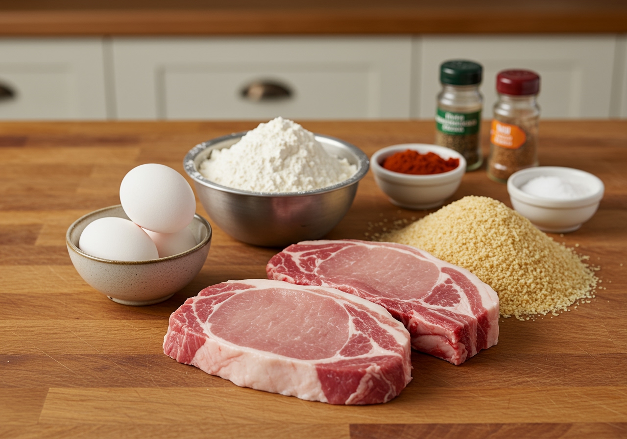 High-quality photo of ingredients for oven-baked pork chops laid out on a counter, including bone-in pork chops, eggs, flour, panko breadcrumbs, and common seasonings.