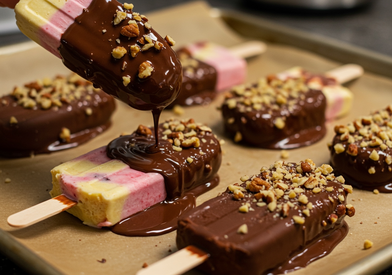 Homemade ice cream bars being dipped in melted chocolate with nuts sprinkled on top