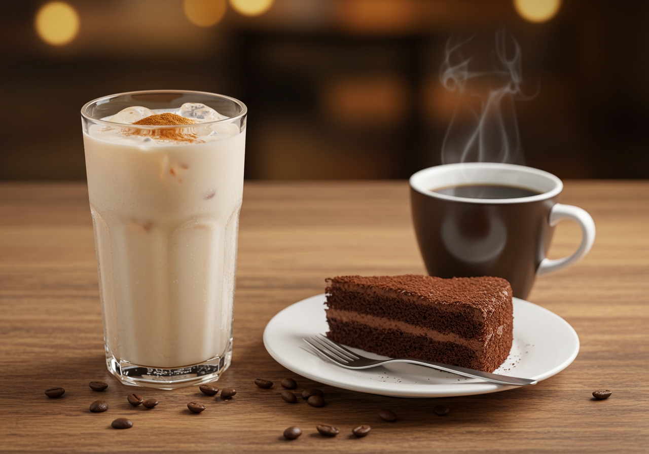 Iced horchata served in a glass, placed next to a slice of cake and a steaming cup of coffee on a table