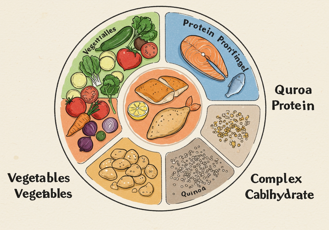 Illustration of the diabetes plate method, showing sections for vegetables, protein, and carbohydrates