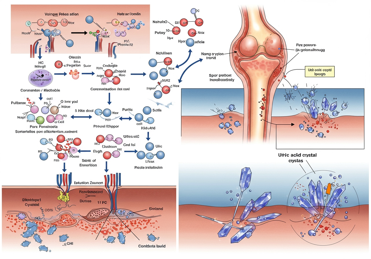 Illustration showing the process of purines being converted to uric acid in the body, and uric acid crystals forming in a joint.