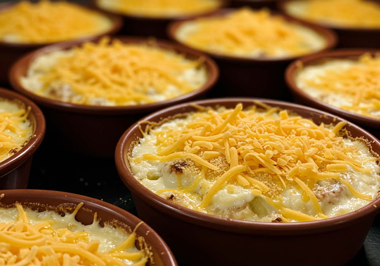 Individual gratin dishes filled with the mixture, topped generously with shredded cheese and a sprinkle of breadcrumbs, ready for baking.