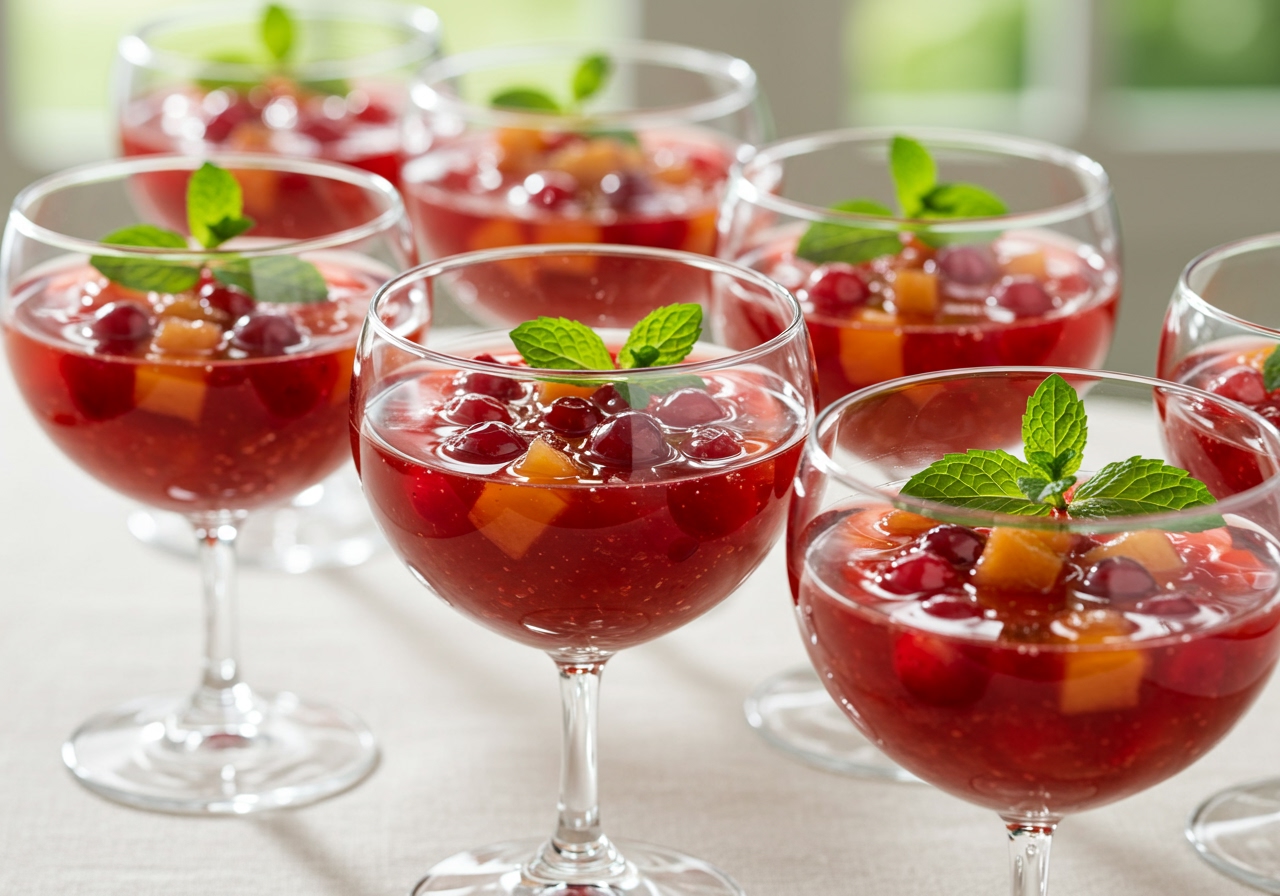 Individual servings of cranberry jelly salad in elegant glasses, perhaps with a mint garnish
