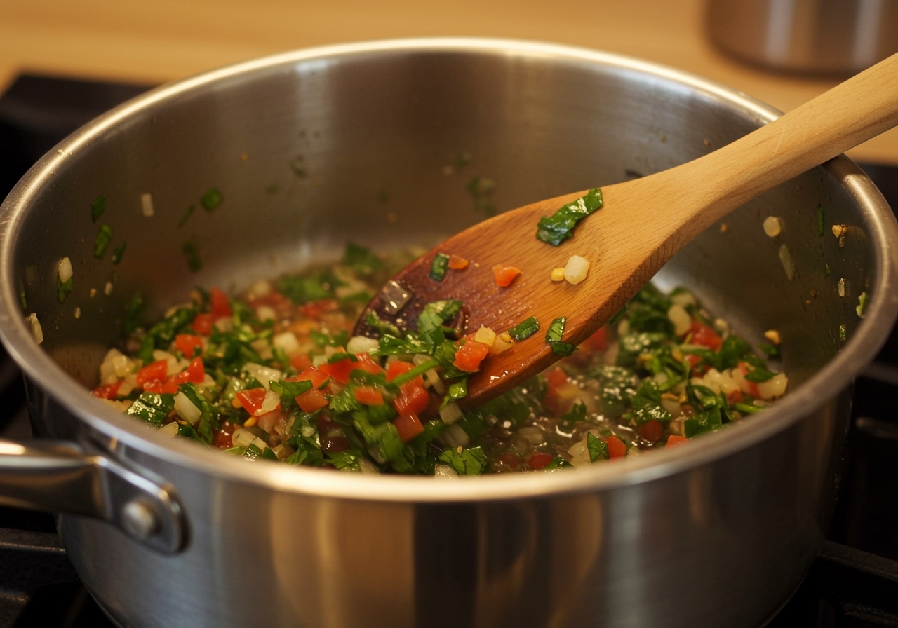 Ingredients being gently stirred in a pot with a wooden spoon.