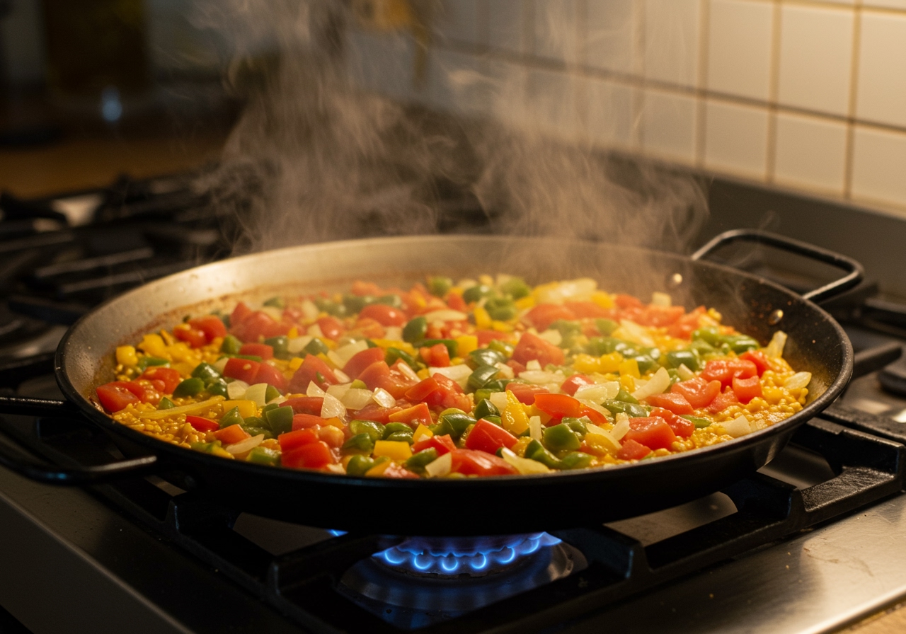 Ingredients being sautéed in a large, flat paella pan on a stovetop, steam rising, showing the initial cooking phase.