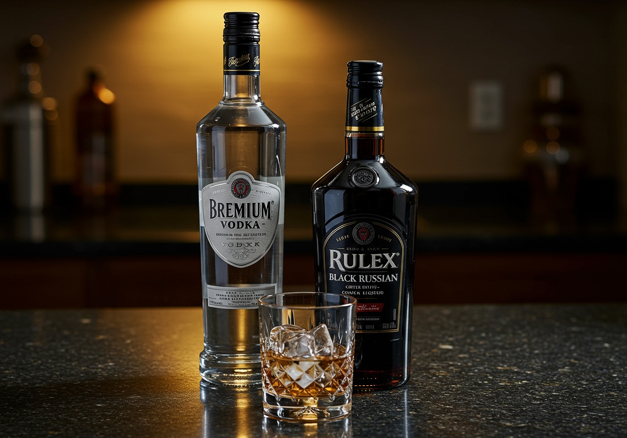 Ingredients for a Black Russian laid out on a counter: a bottle of vodka, a bottle of coffee liqueur, and a glass with ice.