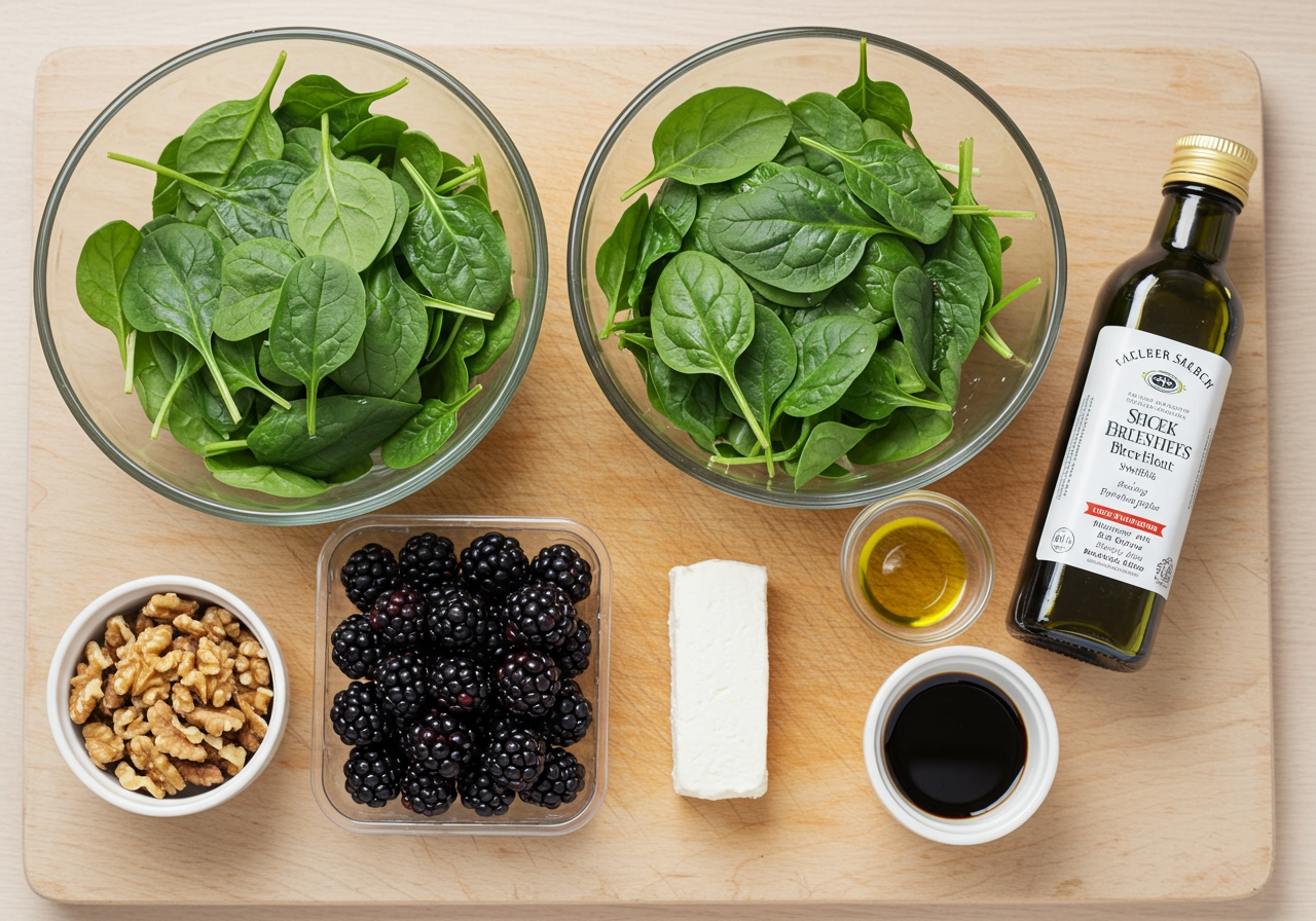 Ingredients for a blackberry and spinach salad laid out on a light wooden cutting board: a bowl of fresh spinach, a punnet of ripe blackberries, a small bowl of walnuts, a block of goat cheese, a bottle of olive oil, and a small bowl of balsamic vinegar.