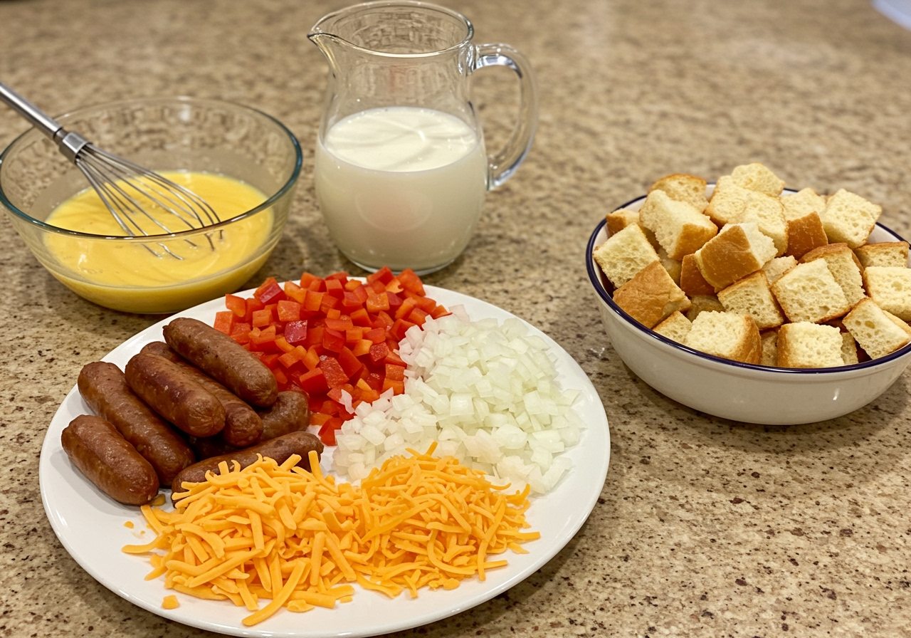 Ingredients for a breakfast casserole laid out on a kitchen counter: eggs, milk, chopped bell peppers, onions, cooked sausage, shredded cheese, and bread cubes.