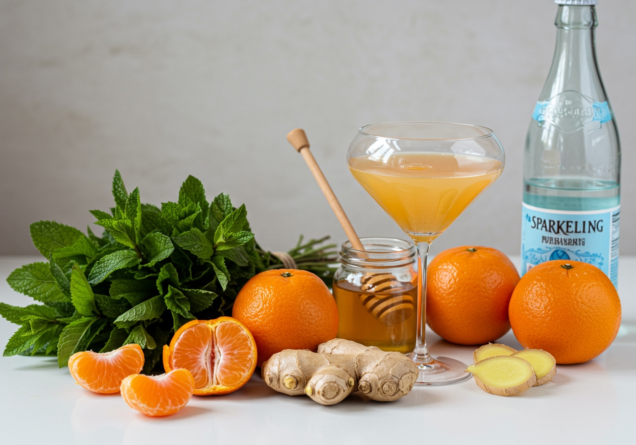 Ingredients for a healthy mandarin orange cocktail laid out beautifully: mandarin oranges, fresh mint, ginger root, sparkling water, honey, and a glass.