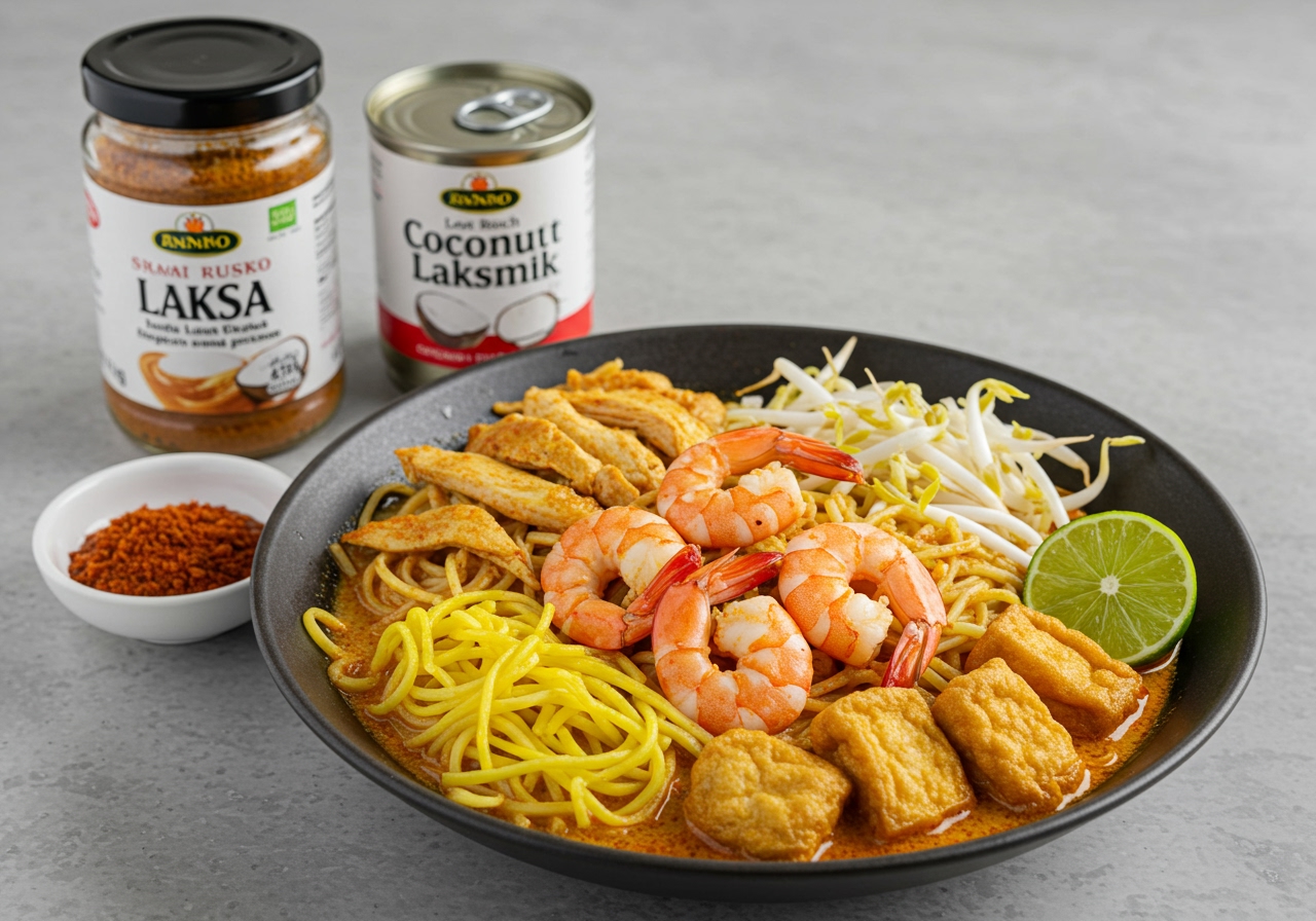 Ingredients for a homemade Laksa recipe: a jar of Laksa paste, coconut milk cans, chicken pieces, shrimp, tofu puffs, rice noodles, yellow noodles, bean sprouts, and lime.