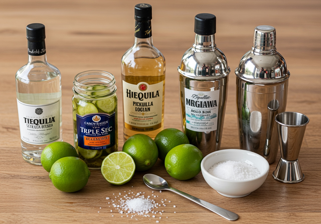 Ingredients for a Pickle Margarita laid out on a wooden table: bottles of tequila, triple sec, fresh limes, a jar of dill pickles, a jigger, a cocktail shaker, and a bowl of salt for the rim.