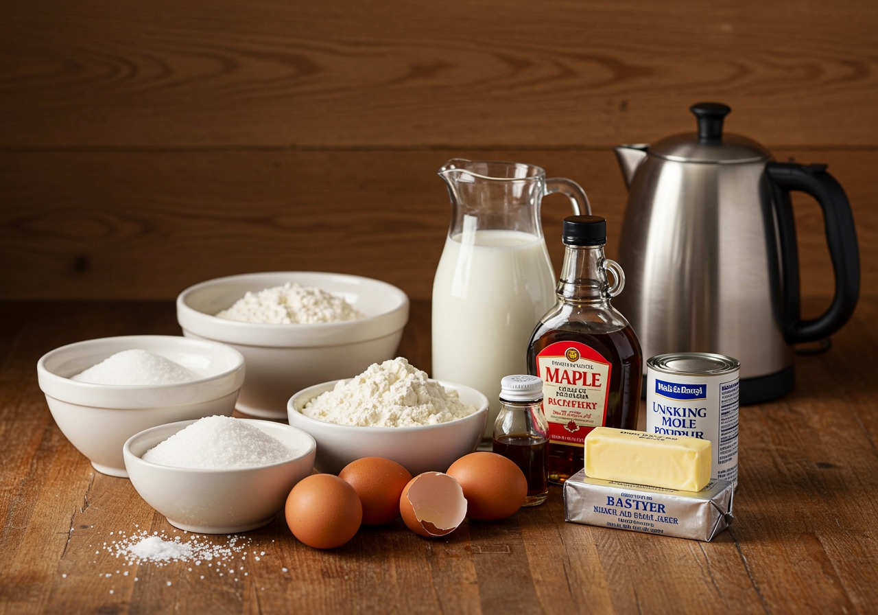 Ingredients for a simple pudding cake laid out on a kitchen counter. Flour, sugar, eggs, milk, butter, baking powder, maple syrup, hot water are visible.