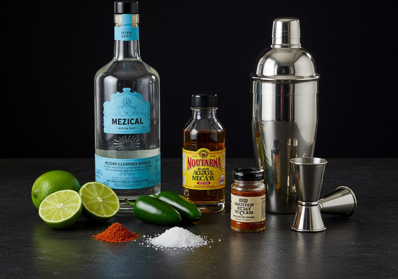 Ingredients for a spicy mezcal margarita laid out: bottle of mezcal, fresh limes, jalapeño peppers, small jar of agave nectar, salt, chili powder, jigger, and a cocktail shaker.