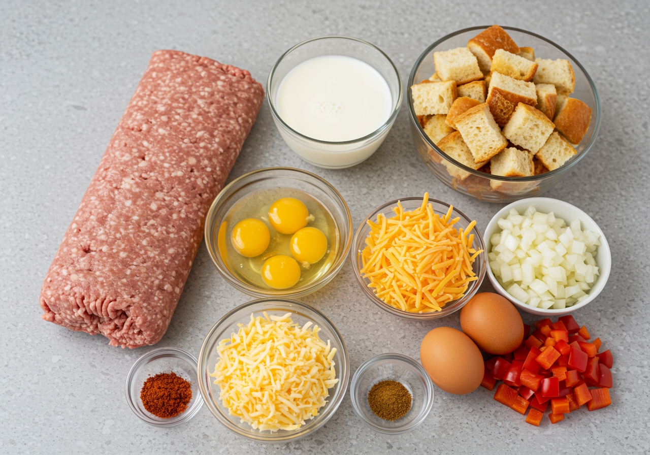 Ingredients for an easy sausage brunch casserole laid out neatly on a kitchen counter: raw ground sausage, cubed bread, eggs, milk, shredded cheese, diced onions and bell peppers, and spices.