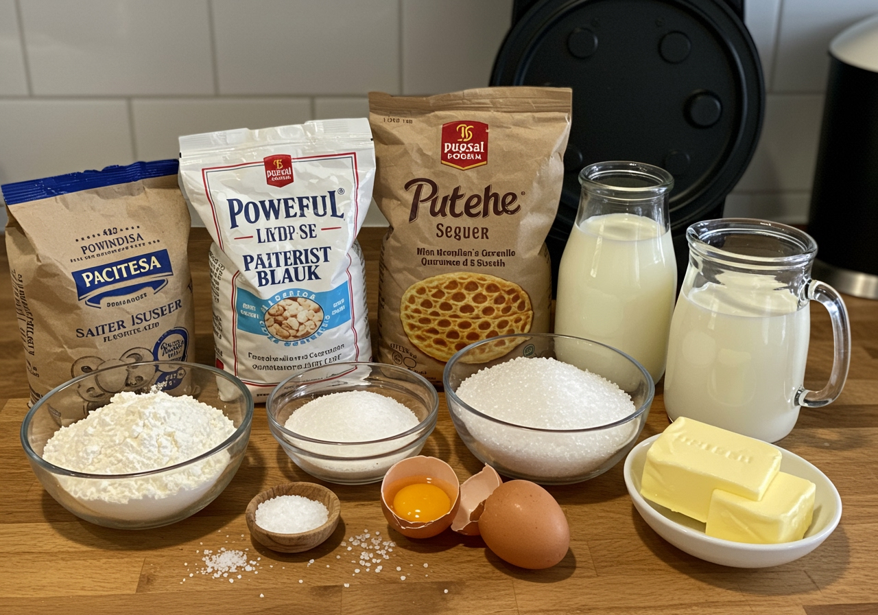 Ingredients for Belgian waffles laid out on a kitchen counter: powerful flour, yeast, sugar, salt, milk, egg, butter, and a bowl of pearl sugar. A waffle maker is visible in the background.