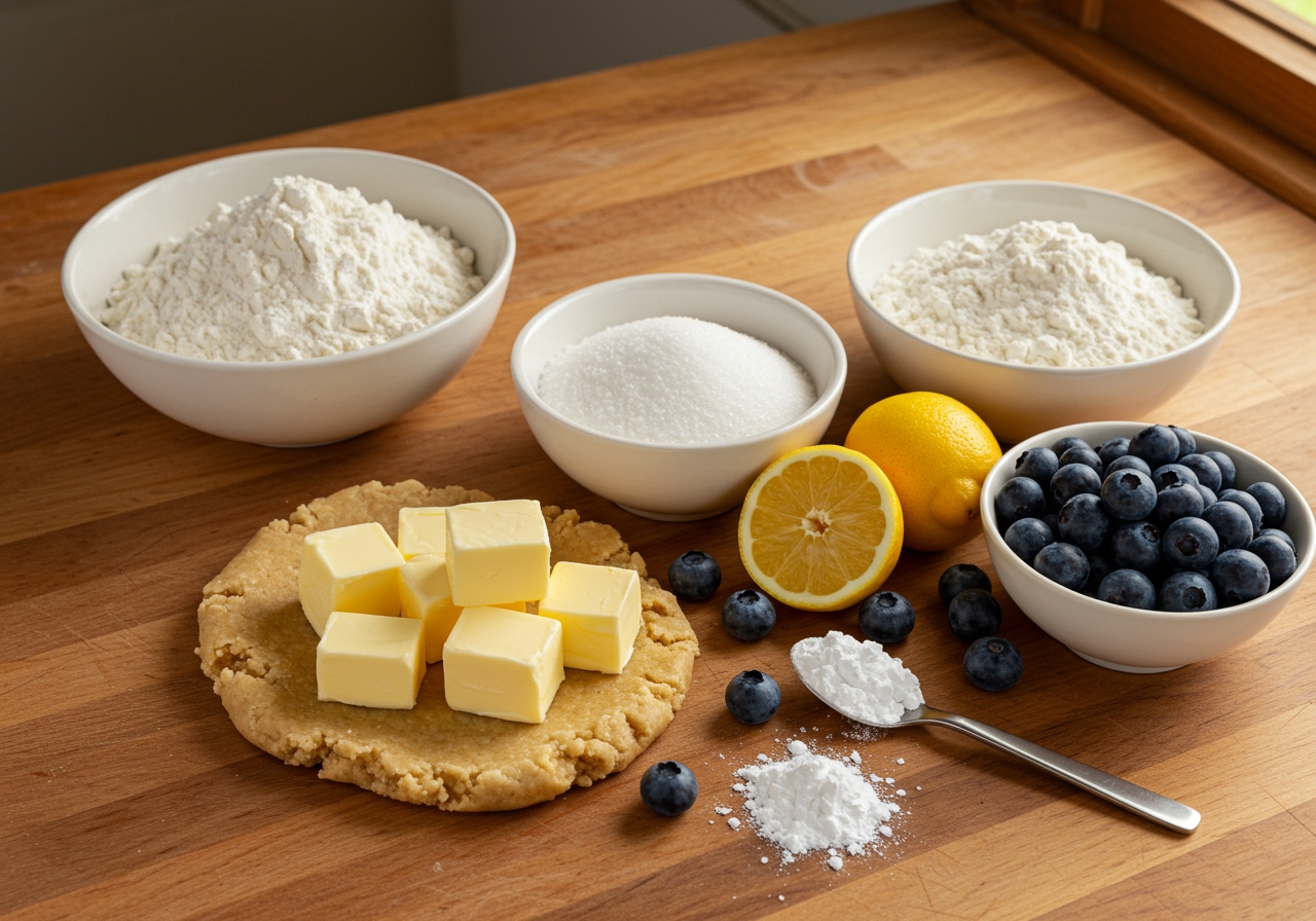 Ingredients for blueberry crumble bars laid out on a counter: flour, sugar, butter cubes, fresh blueberries, lemon, cornstarch.
